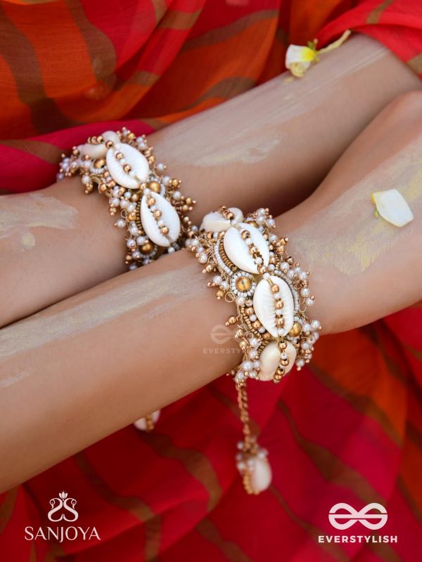Arthogya  - The Marine Treasures - Shells And Beads Hand Embroidered Cuff Bracelets (Set Of 2)